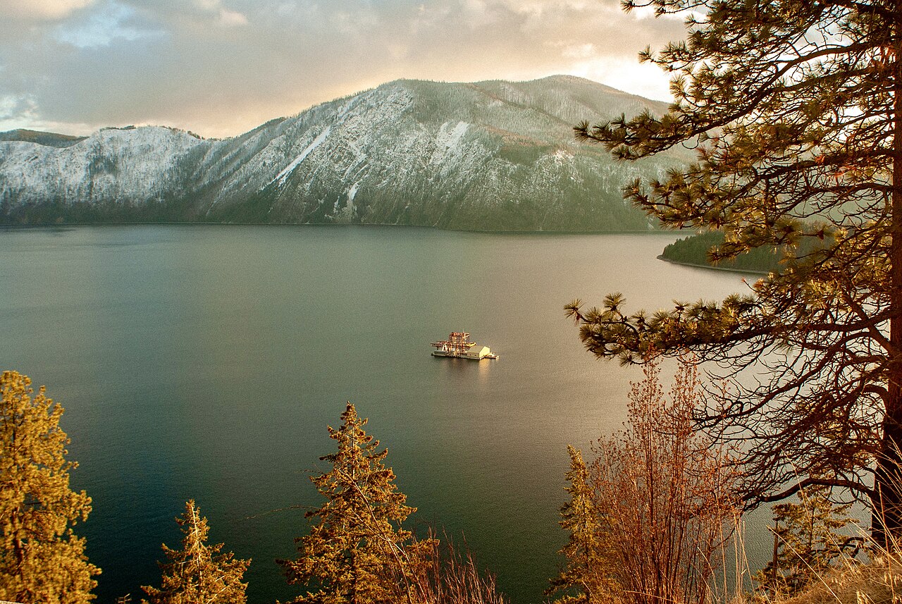 Lake Pend Oreille and snow-dusted mountains viewed from Bayview, Idaho.
