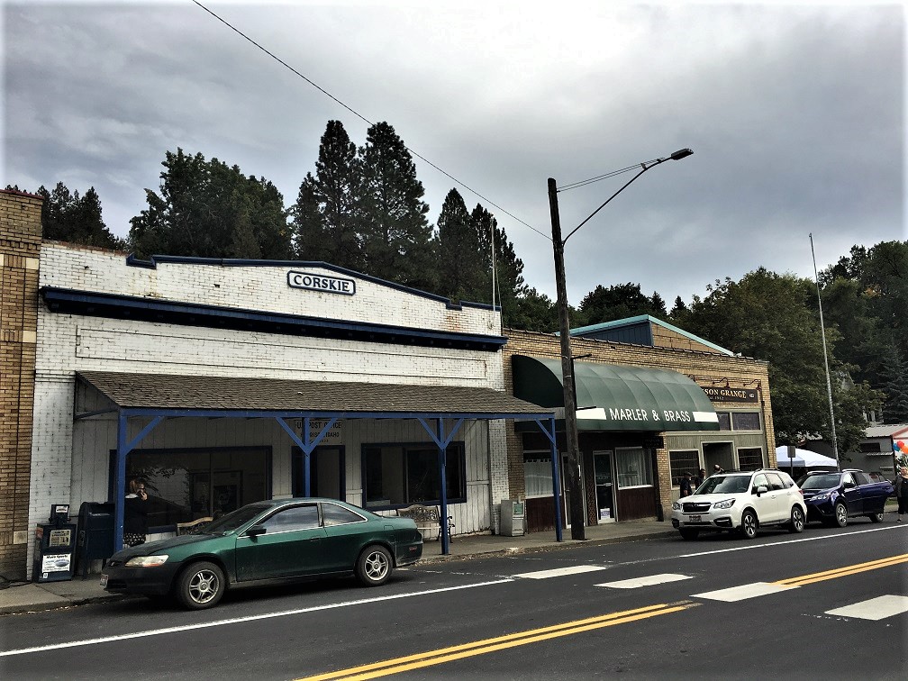 Historic storefronts along Coeur d'Alene Avenue in downtown Harrison, Idaho.