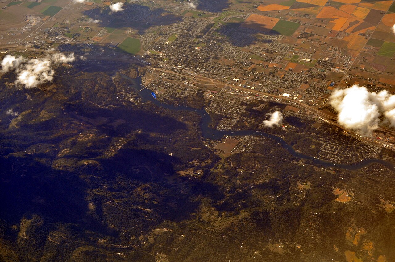 Aerial view of Post Falls, Idaho, and the surrounding landscape.