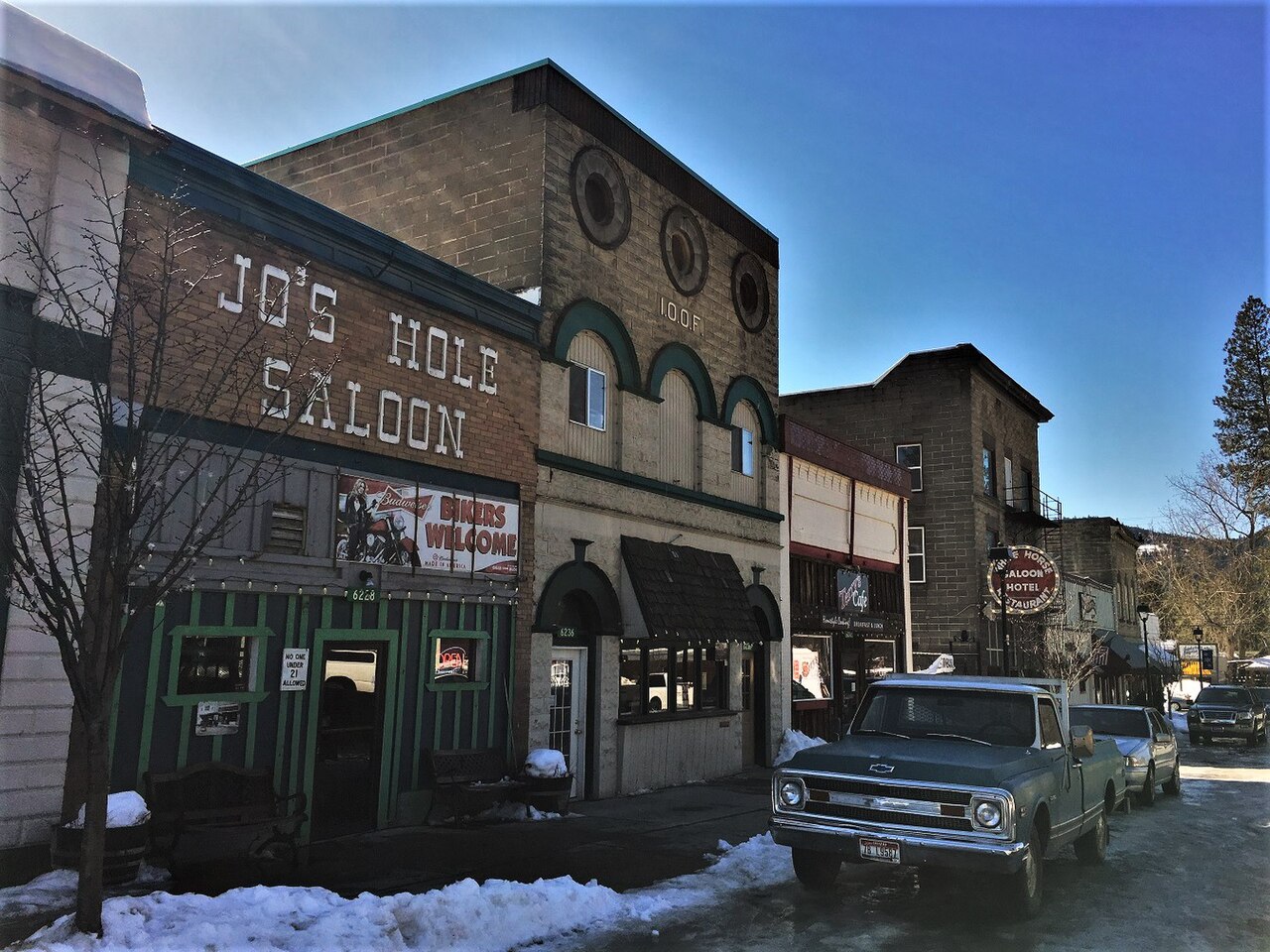 Historic storefronts along Maine Street in Spirit Lake, Idaho.