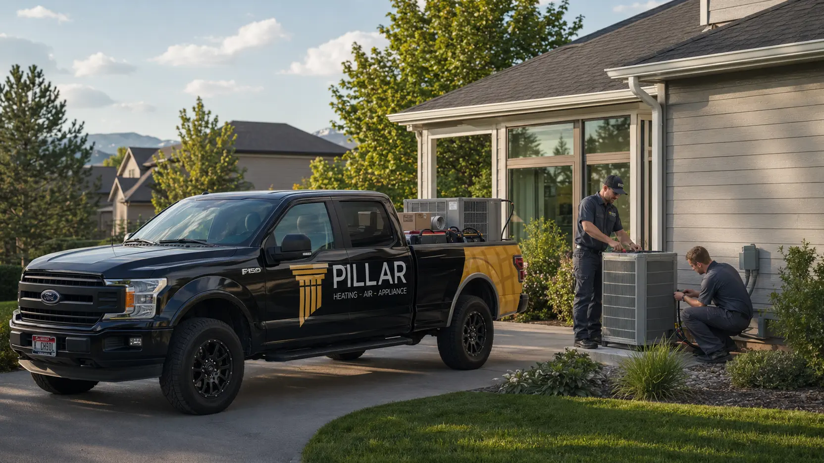 Pillar technicians servicing a residential air-conditioning system