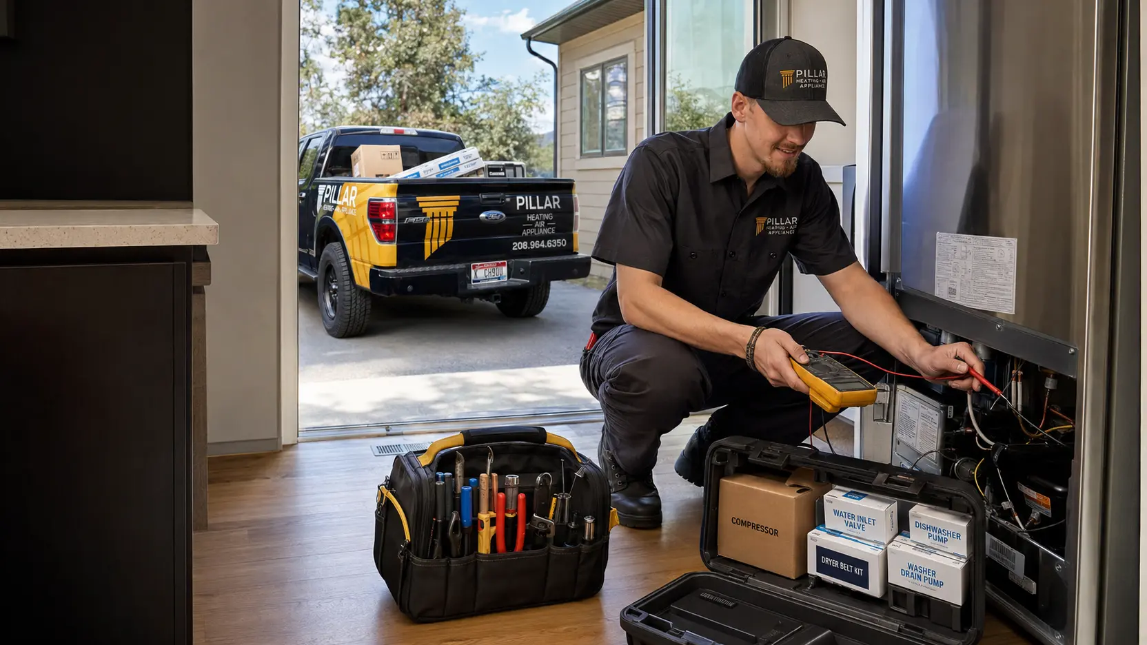Pillar technician diagnosing a refrigerator with the branded service truck outside