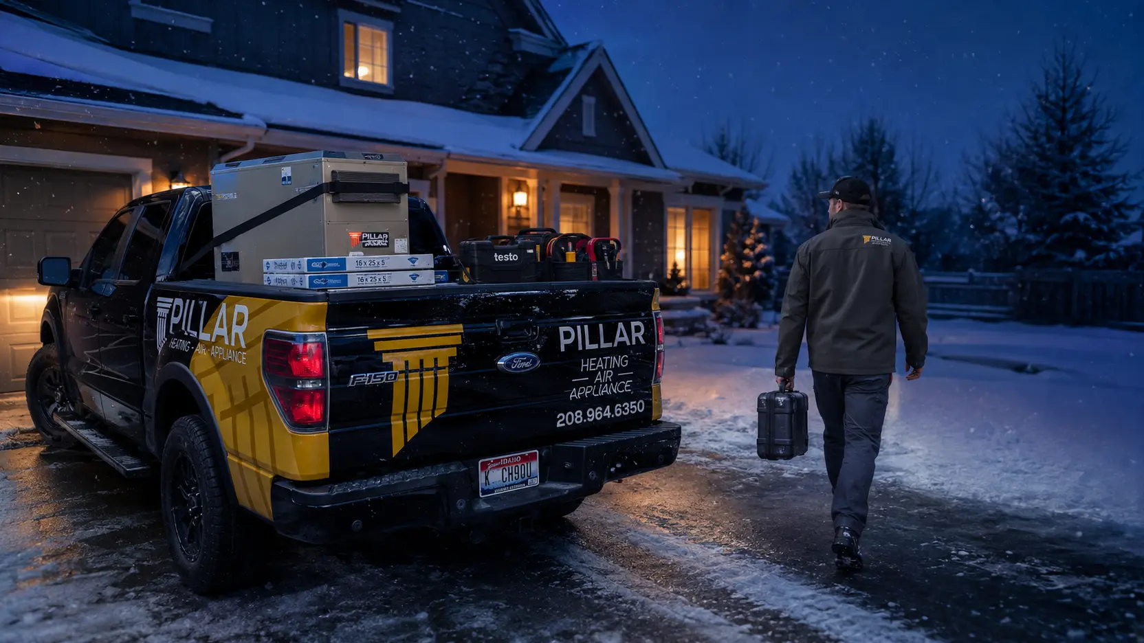 Pillar technician arriving for a winter furnace service call