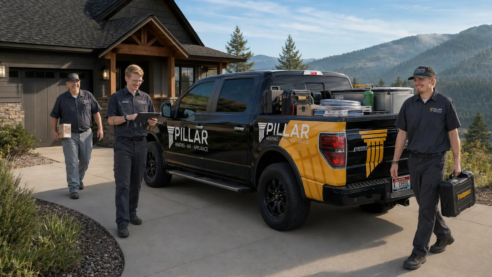 Pillar technicians and the branded service truck arriving at a North Idaho home