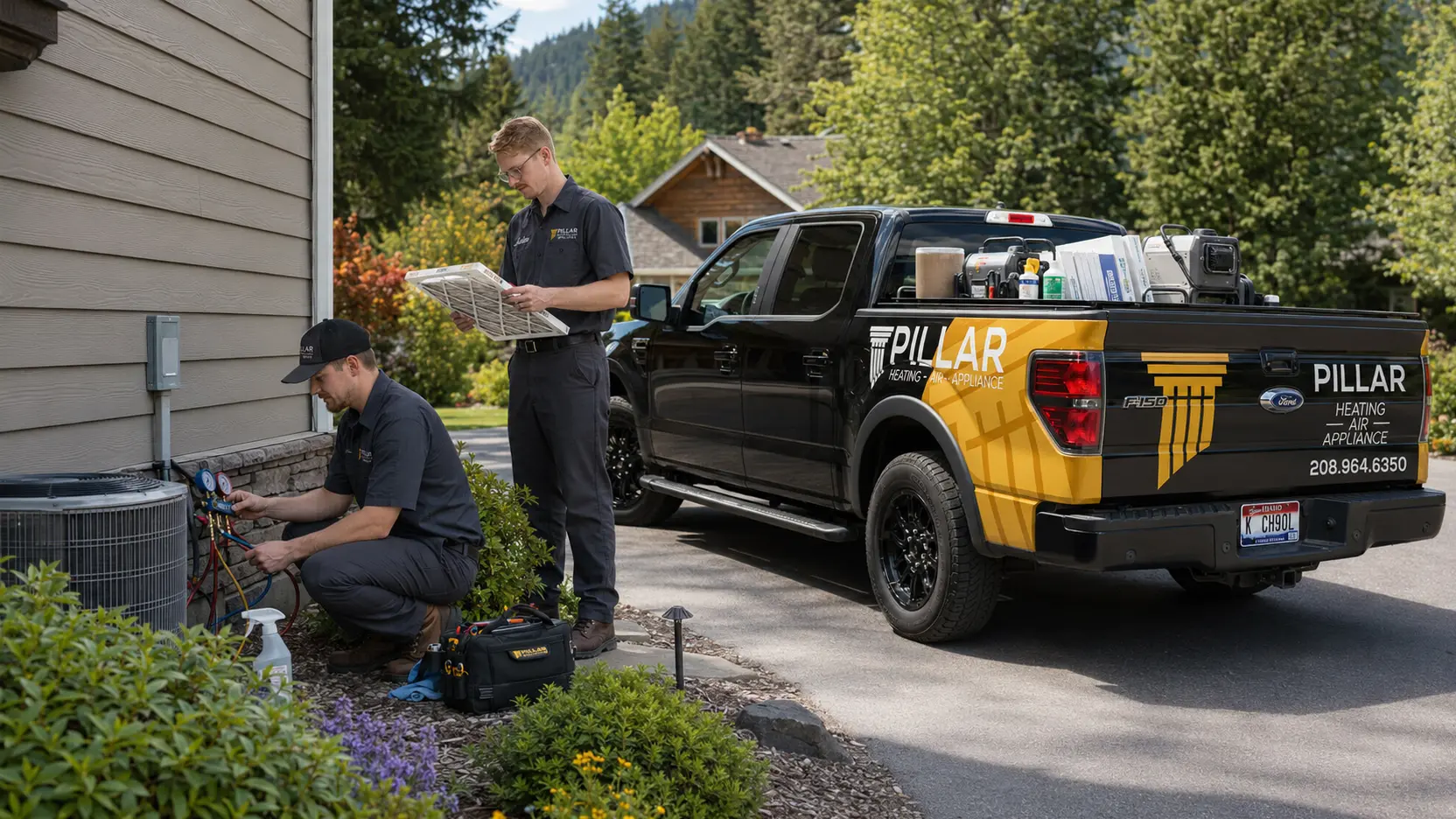 Pillar technicians completing a planned residential HVAC maintenance visit